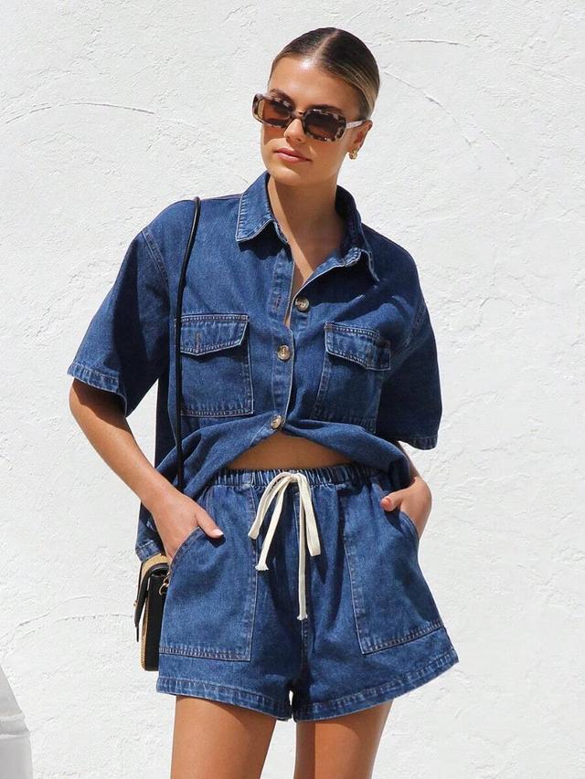 dark blue vintage light denim button down shirt and matching shorts