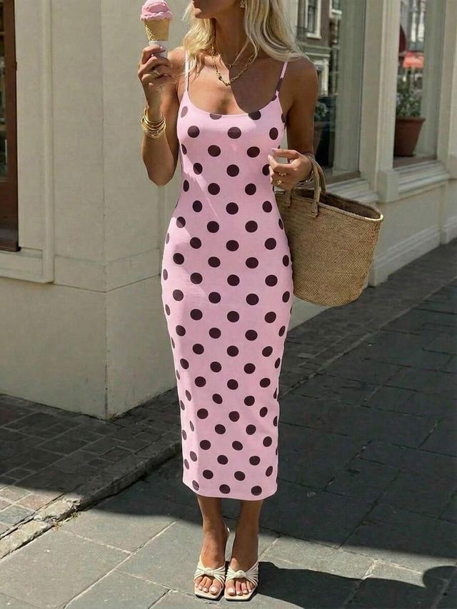 pink polka dot bodycon camisole maxi dress