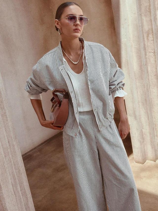 striped zip-up jacket and loose fit pants set