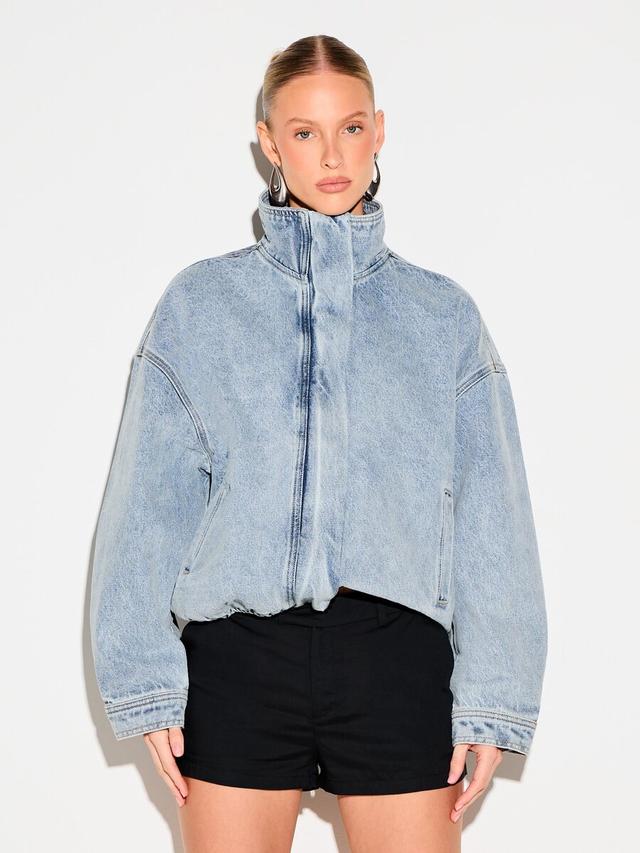 light wash denim zip-up bomber jacket