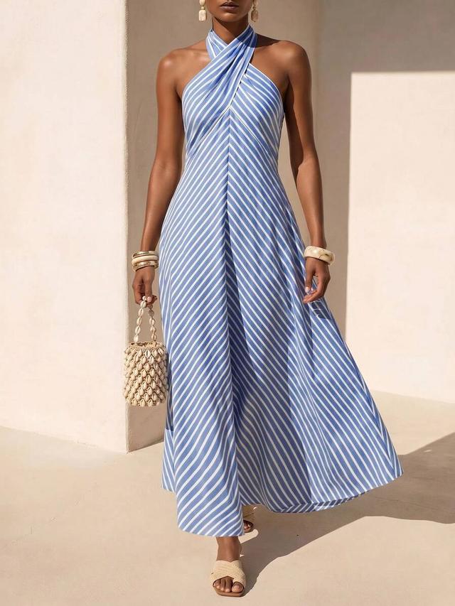 blue and white striped cross-strap a-line long dress