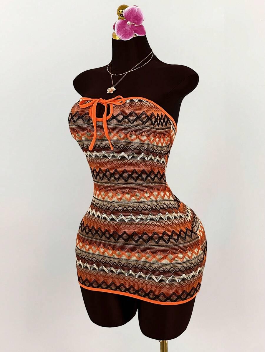 boho textured fabric tie-up bodycon mini dress