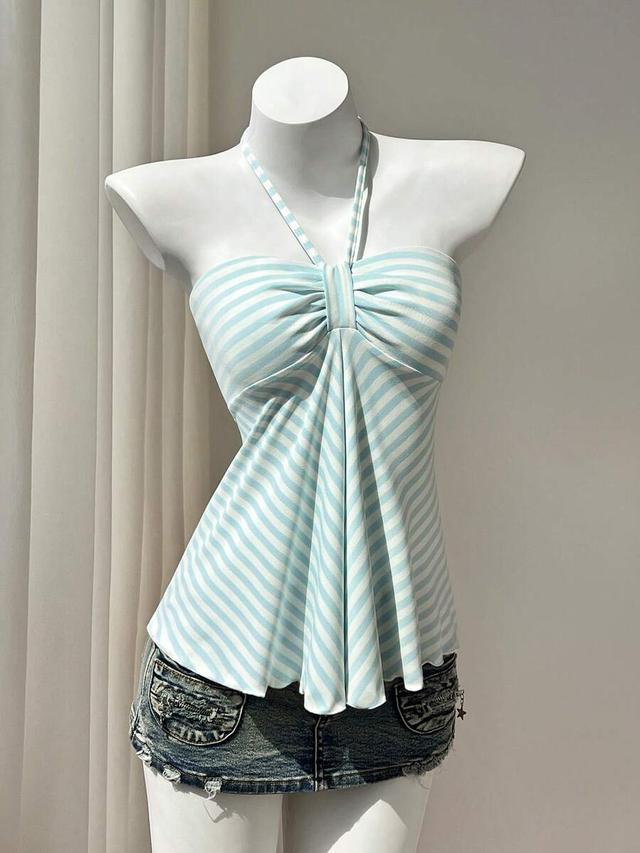 elamini women's gray striped casual sleeveless halter top