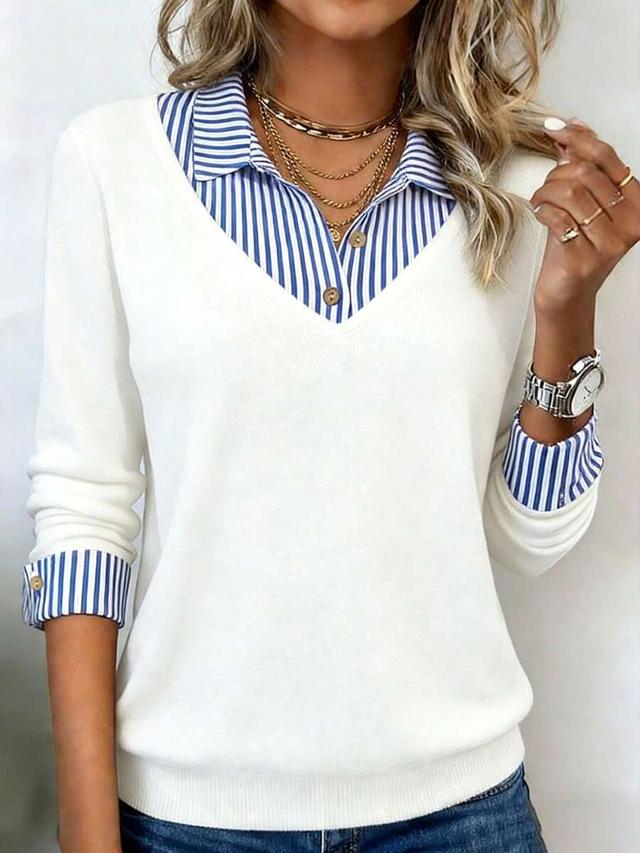 white knit sweater with striped shirt collar and cuffs