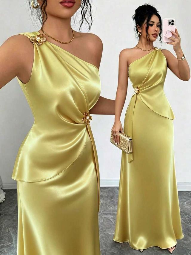 yellow satin asymmetric neck metal flower bodycon dress