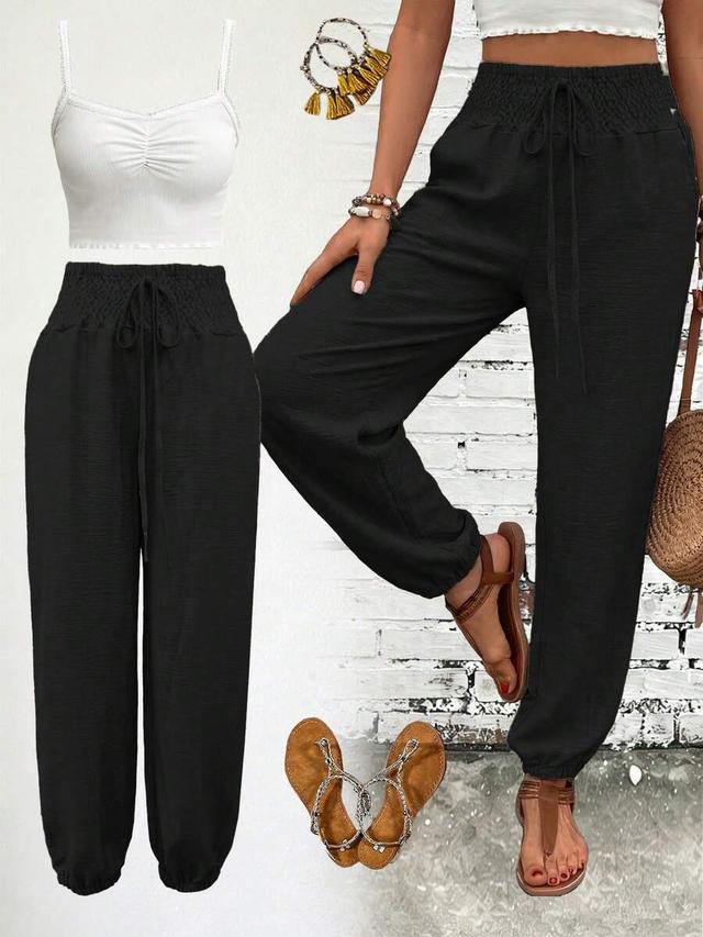 women's black faux linen drawstring waist casual trousers