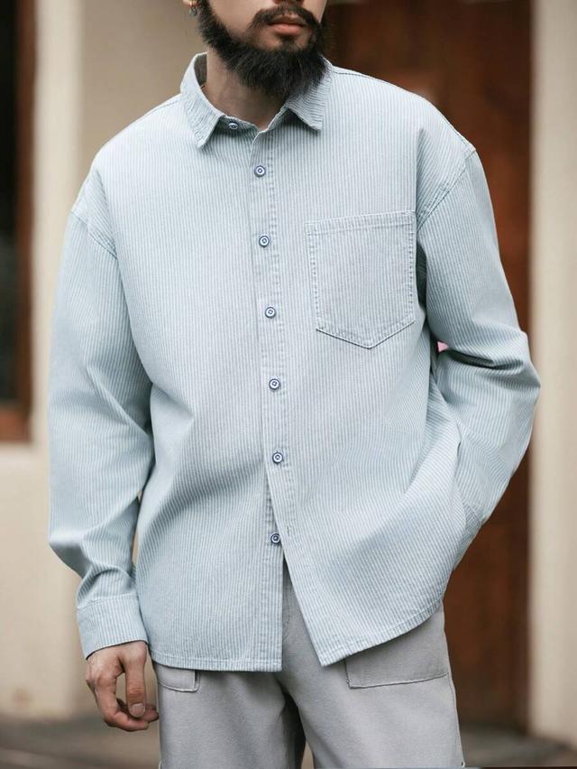 vintage american-style light blue striped loose-fit denim shirt