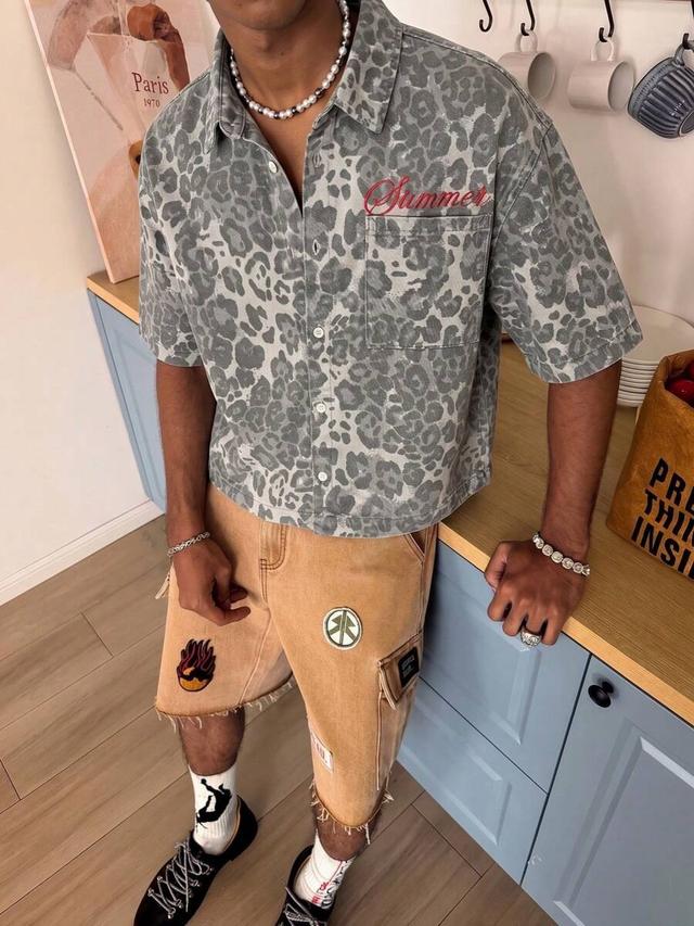 grey leopard print embroidered short sleeve denim shirt