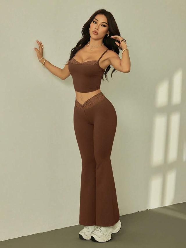 brown lace trim crop top and bell bottom set