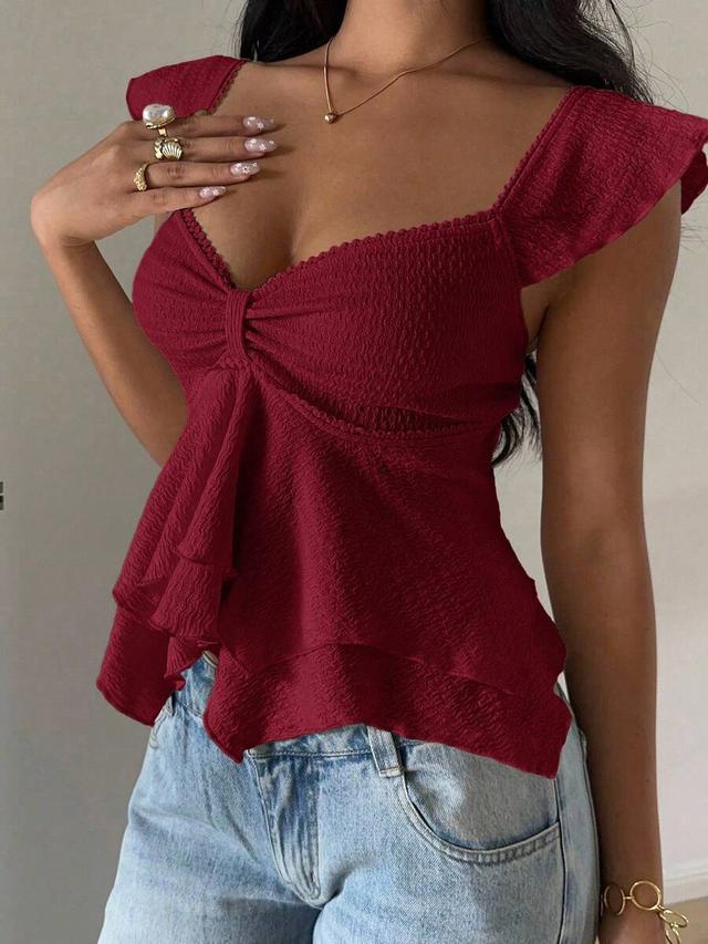 textured knit ruffle hem sweetheart neck cap sleeve top