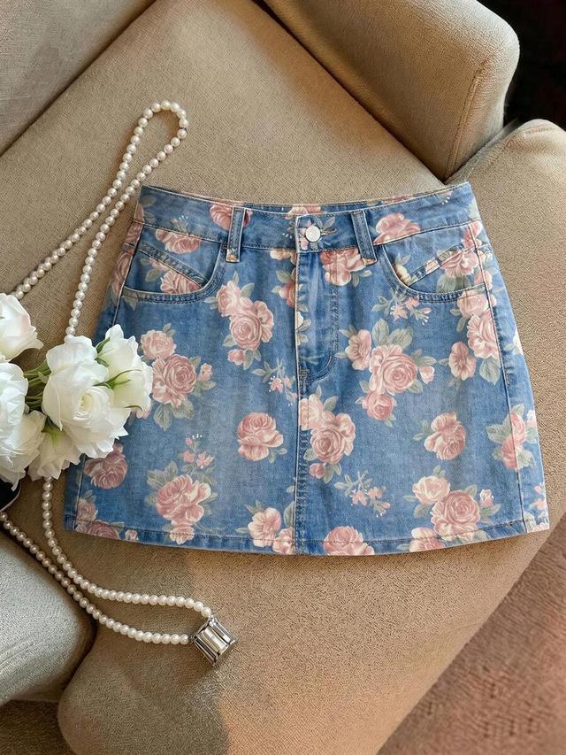 floral print denim mini skirt