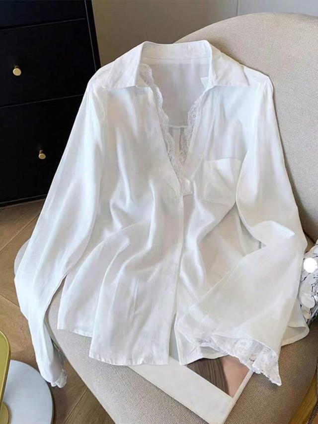 white long sleeve button down shirt with lace trim