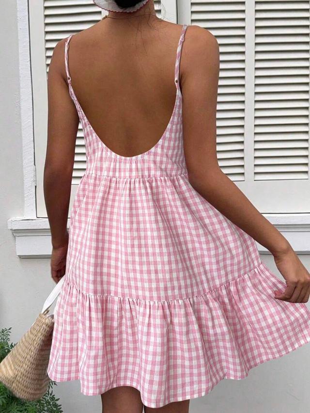 pink gingham sleeveless mini dress with flounce hem
