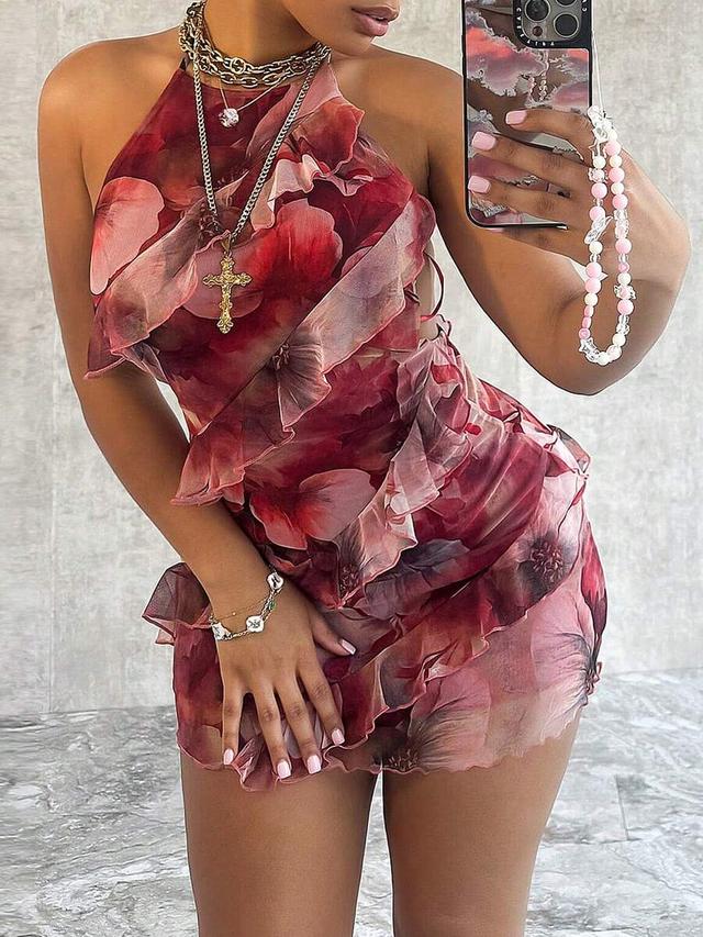 red floral print ruffled halter mini dress