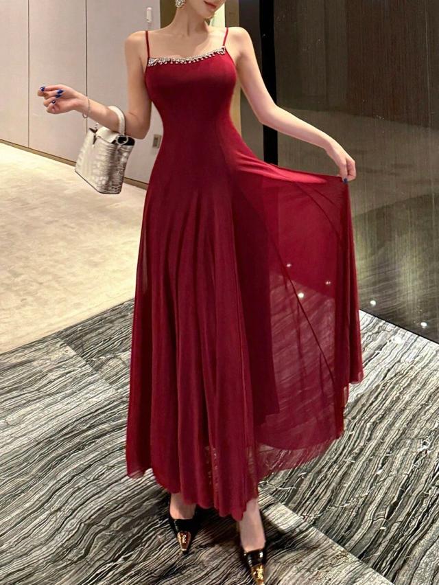 elegant red rhinestone spaghetti strap cocktail dress
