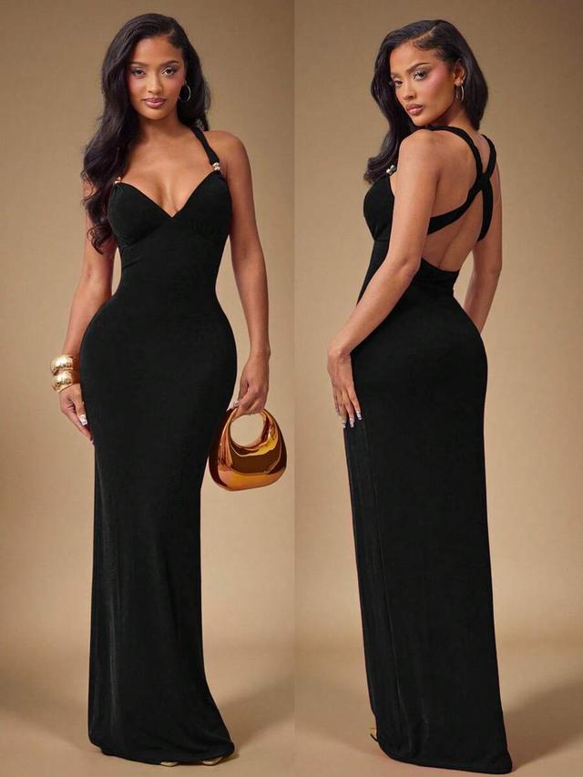 elegant black backless metal beaded strap maxi dress