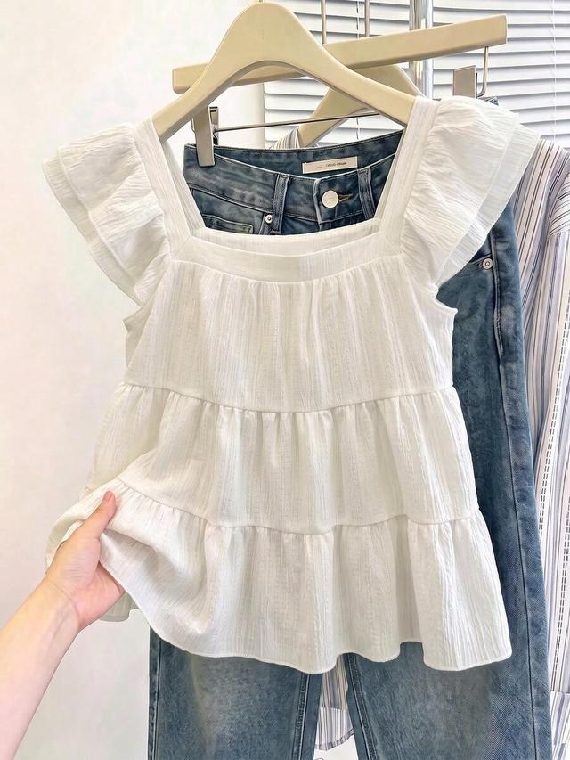 white casual multi-layered ruffle cap sleeve blouse