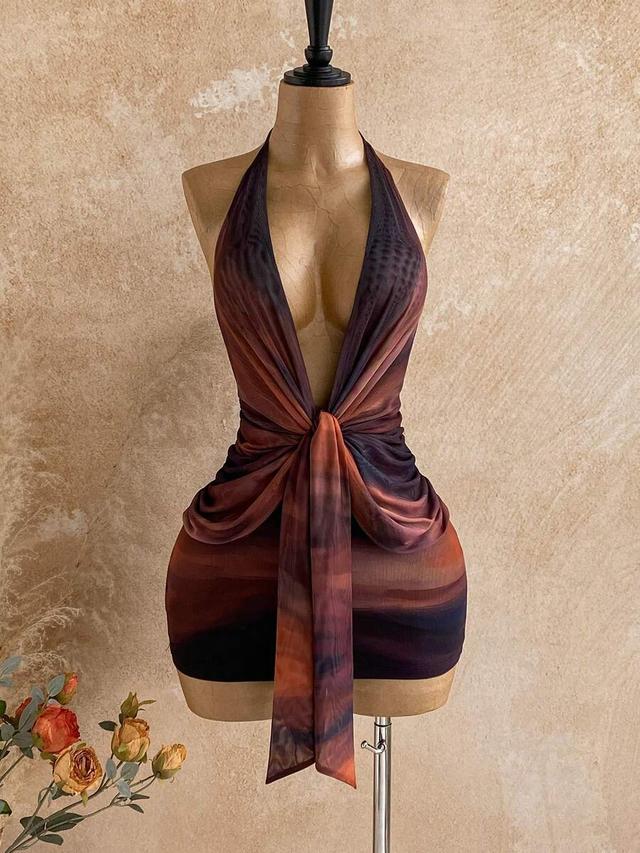 dark purple gradient draped twist ruched mini dress