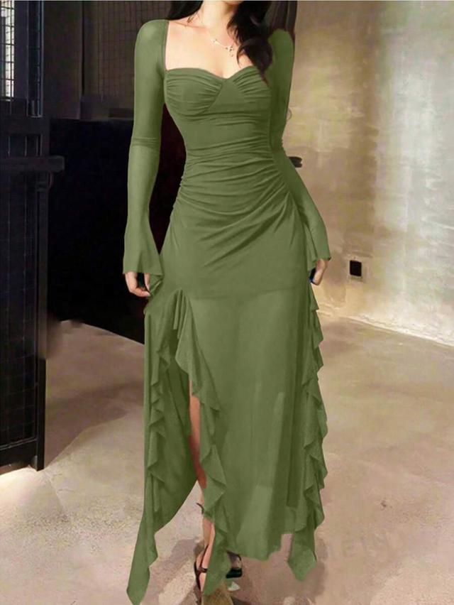 olive green ruffle trim long sleeve mesh dress