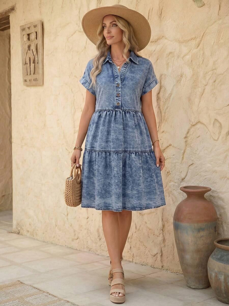 acid wash denim tiered shirt dress