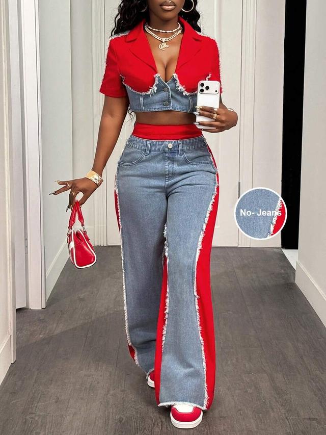 red and denim color-blocked frayed hem cropped jacket