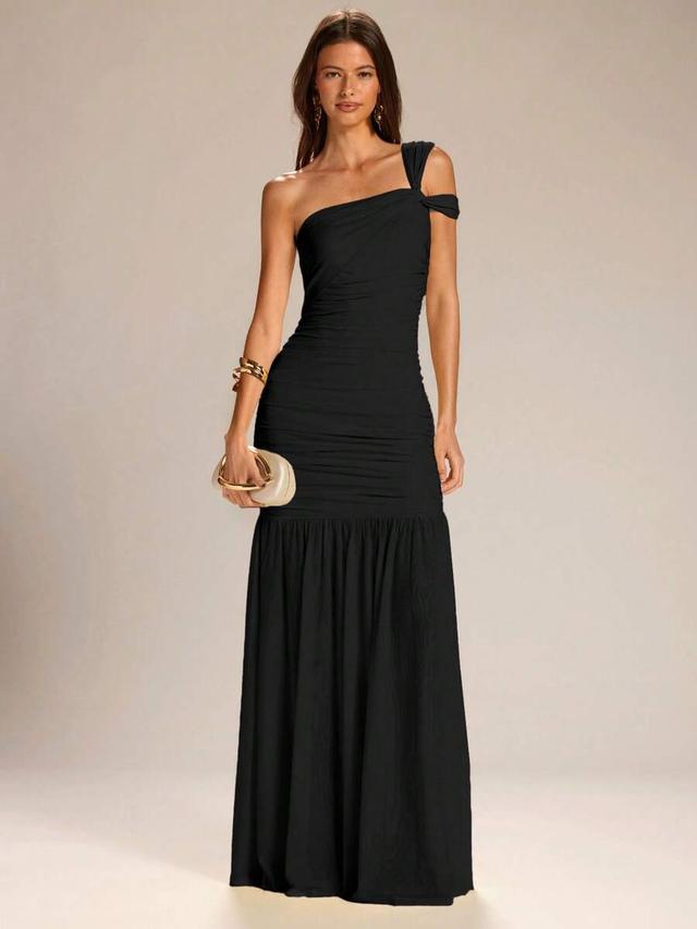 solid yellow asymmetrical shoulder a-line dress