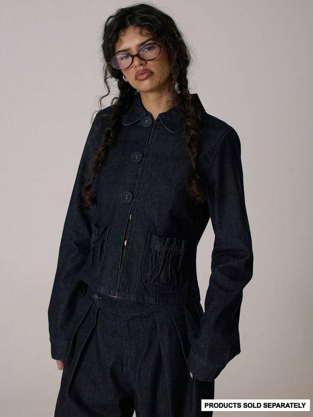dark wash denim button front long sleeve top