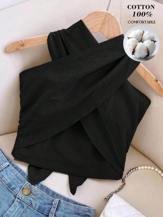 black cotton halter neck backless tie top