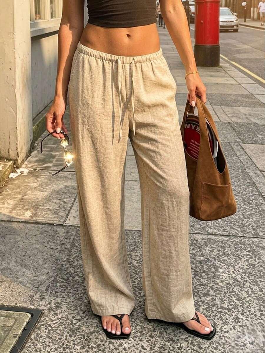 women's linen color wide leg drawstring trousers