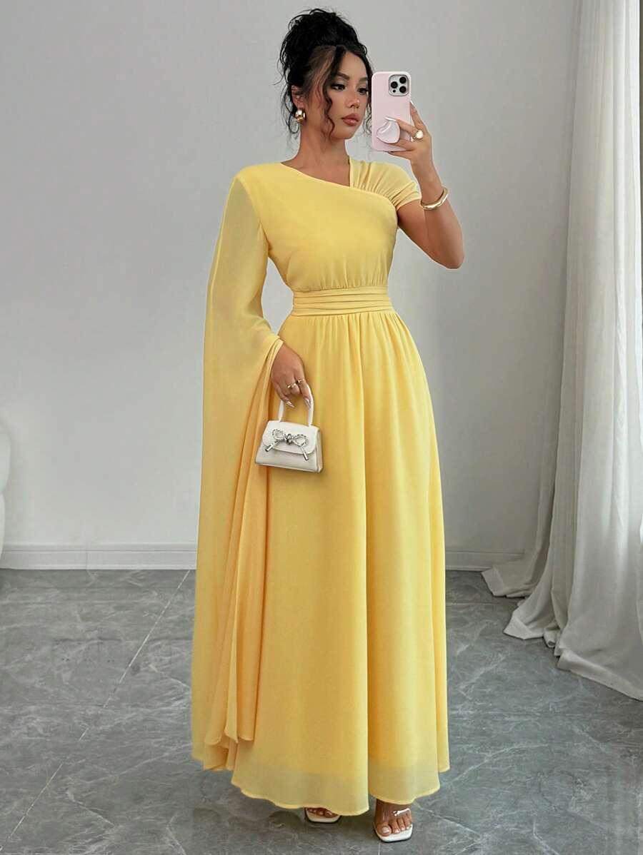 elegant yellow chiffon asymmetric sleeve ruffle maxi dress