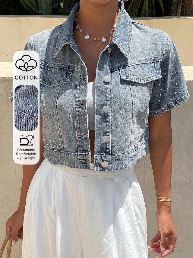 rhinestone embellished short sleeve denim jacket