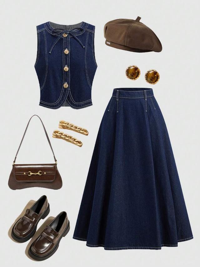navy blue denim two piece vest and midi skirt