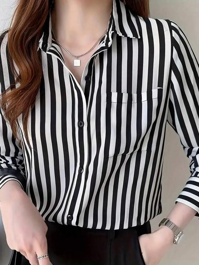 women's black and white striped long sleeve blouse
