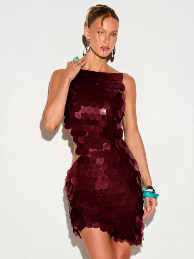 burgundy disc sequin open back mini dress