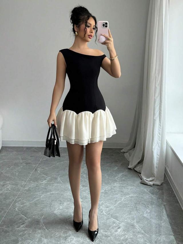 elegant black and white organza spliced short dress