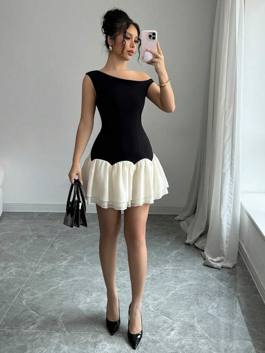 elegant black and white organza spliced short dress