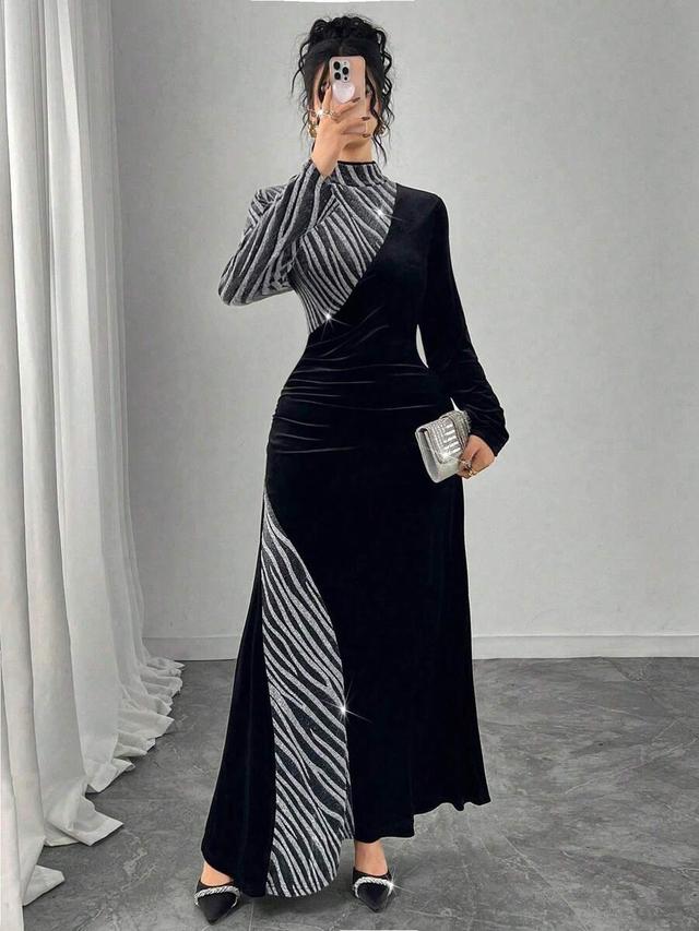 modelyn silver thread asymmetrical pattern patchwork knit dress