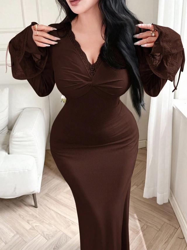 feyla dark brown long sleeve lace trim bodycon dress