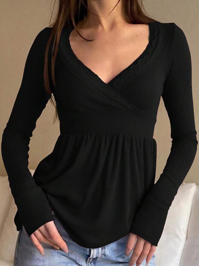 black rib knit lace trim wrap peplum top