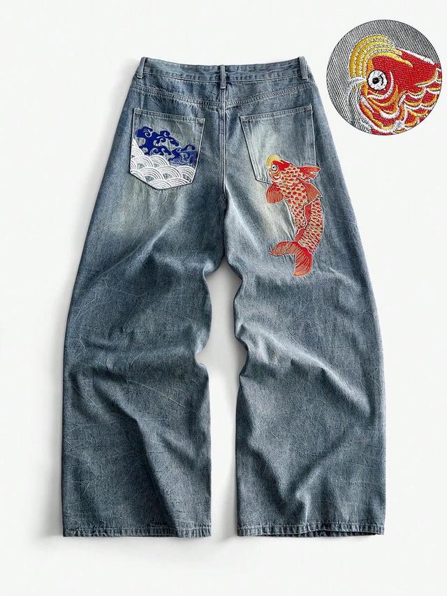 embroidered koi pattern loose fit denim jeans