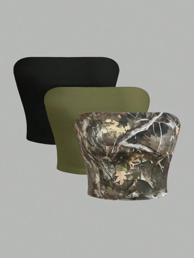 olive green three piece set of black olive and camo tube tops