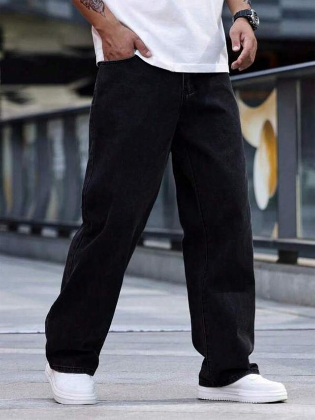 men's washed black loose fit straight leg jeans