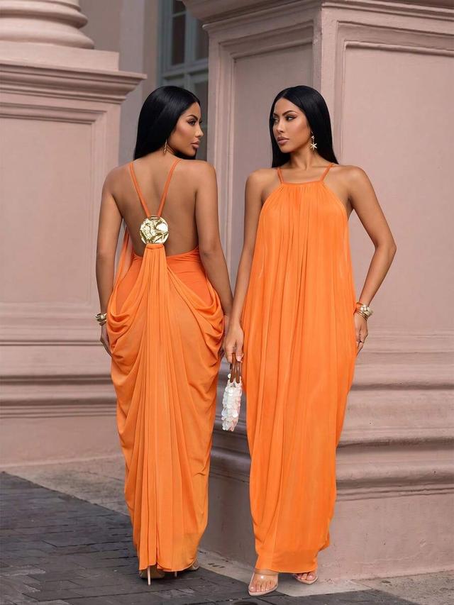 bright orange pleated halter neck maxi dress