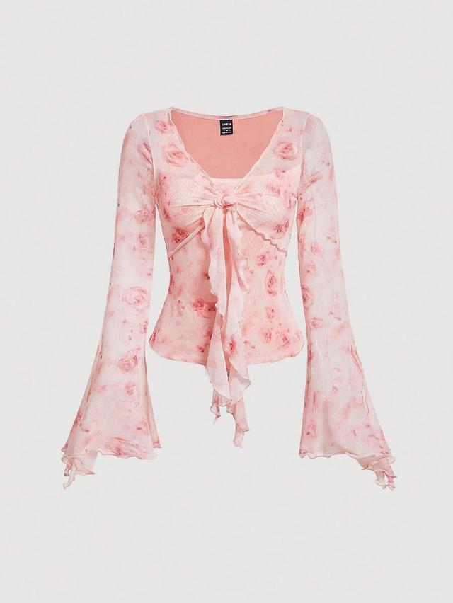 sheer floral print bell sleeve tie front top