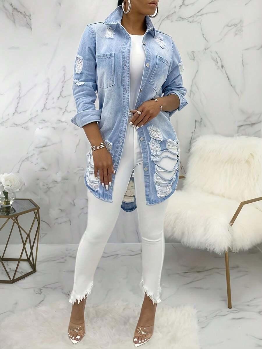 women distressed light wash denim shacket jacket