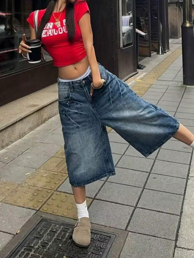 oversized distressed denim culotte shorts