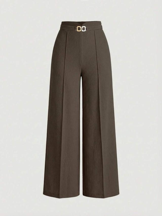 brown textured wide leg trousers with metal buckle
