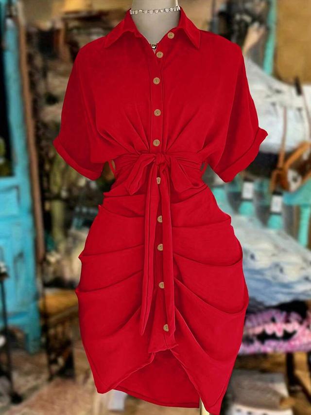 red button-down shirt dress with ruched waist
