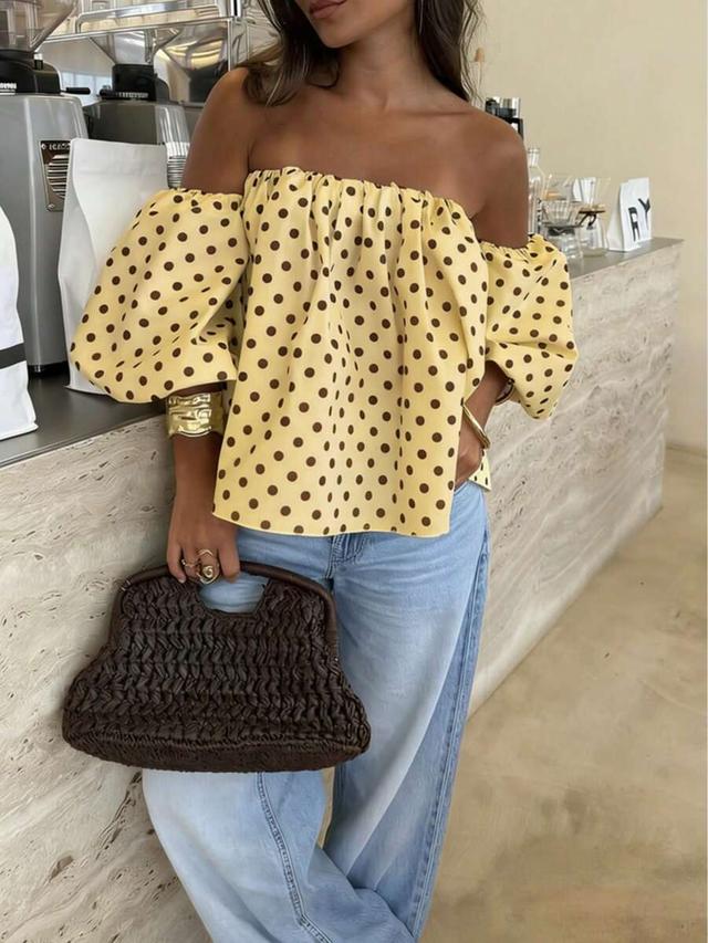 yellow polka dot off-shoulder pleated blouse