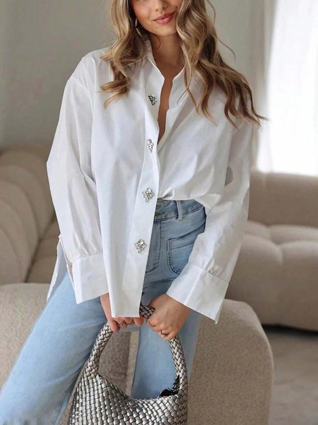 elegant long solid color polyester loose fit white shirt